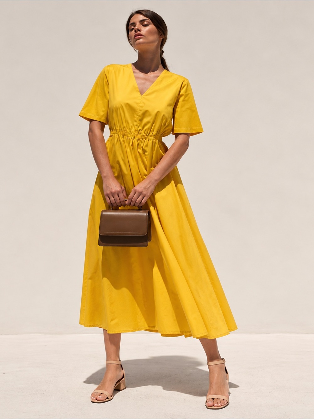 Weekend Max Mara Bairo Sunflower Yellow Cotton Midi Dress Tie Waist Pockets